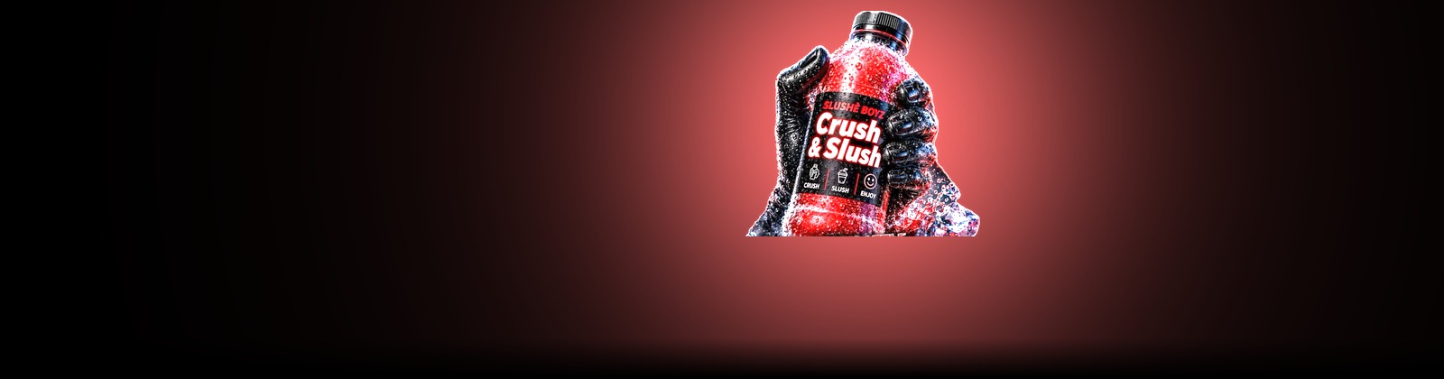 The real SLUSHÈ BOYZ Crush & Slush bottle, frosty red under a black cap with its matte black label, held in a gloved hand and lit by warm coral neon on black