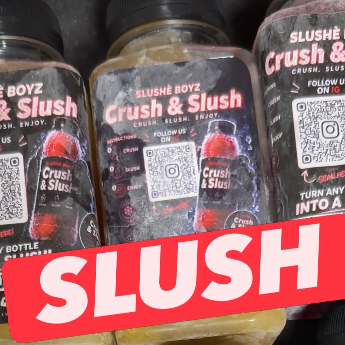 Real SLUSHÈ BOYZ bottles with the SLUSH step overlay